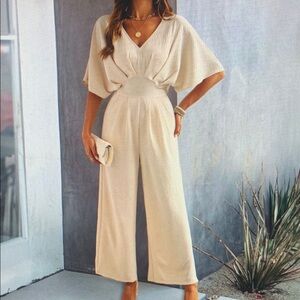 Elegant Cream V-Neck Wide-Leg Jumpsuit